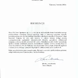 Skan dokumentu referencyjnego dla Kancelarii Adwokackiej Patryka Skalskiego od Movo Old Town Apartments z dnia 3 września 2022 roku, zawierający logo firmy i podpis Prezesa Zarządu.