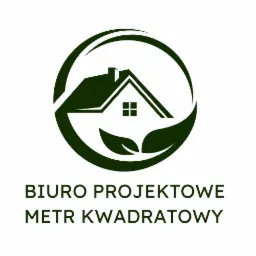 Zielone logo biura projektowego: stylizowany dom w okręgu z liściami, napis 'BIURO PROJEKTOWE METR KWADRATOWY'.