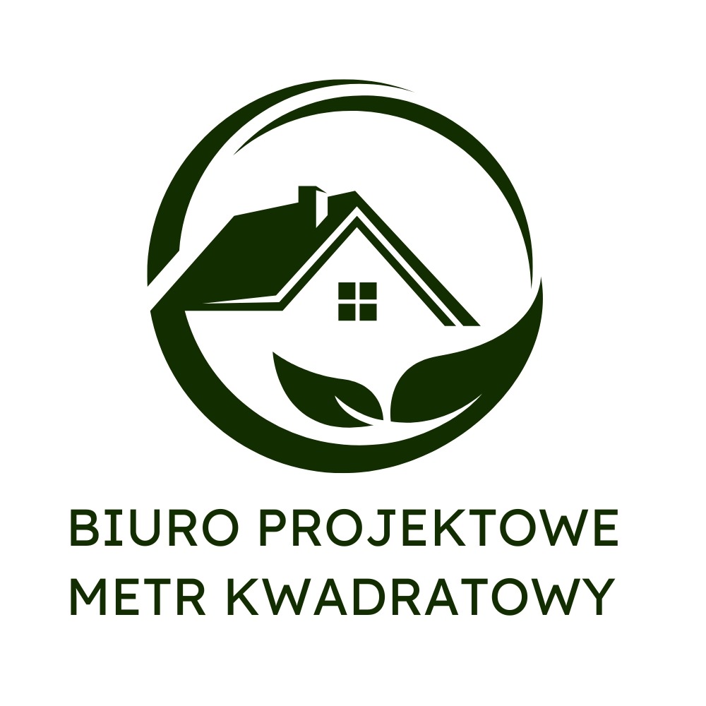 Zielone logo biura projektowego: stylizowany dom w okręgu z liściami, napis 'BIURO PROJEKTOWE METR KWADRATOWY'.