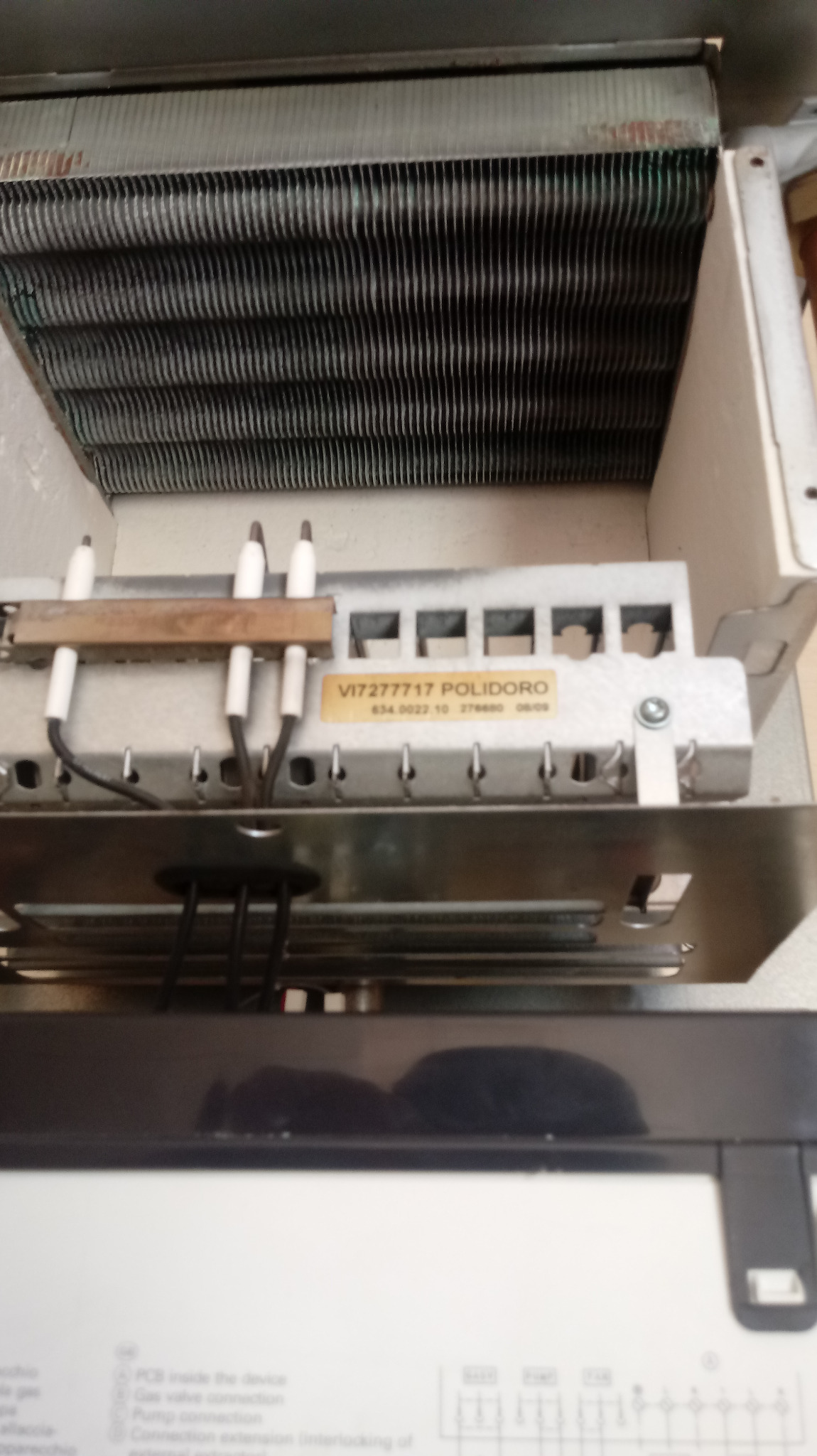 Wnętrze kotła gazowego z widocznym wymiennikiem ciepła, elektrodami zapłonowymi i tabliczką znamionową modelu Polidoro.