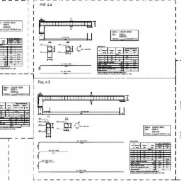 Techniczny rysunek konstrukcyjny z detalami belek i słupów, zawierający wymiary, przekroje i specyfikację materiałową betonu C20/25 i stali B500SP.