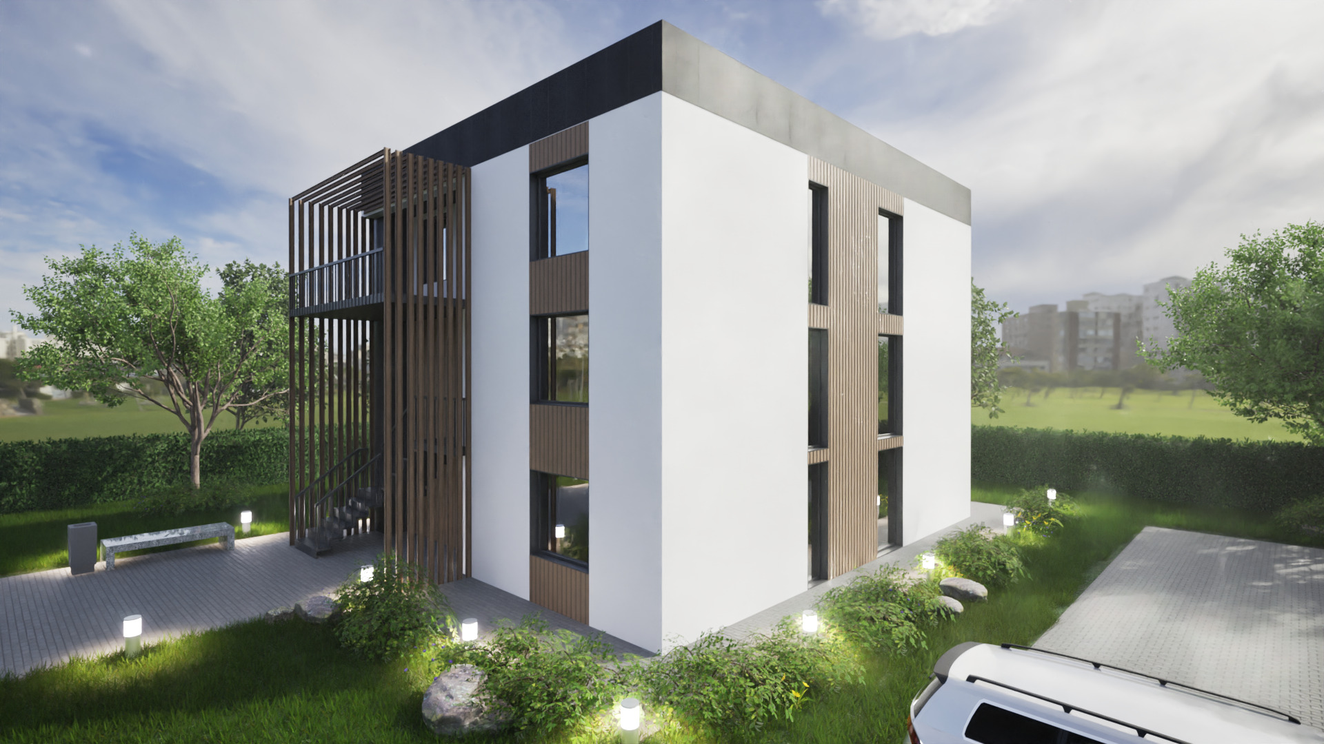 Wizualizacja dwukondygnacyjnego domu z białymi ścianami, drewnianą elewacją i ażurową klatką schodową, otoczonego zielenią i oświetlonego lampami ogrodowymi.