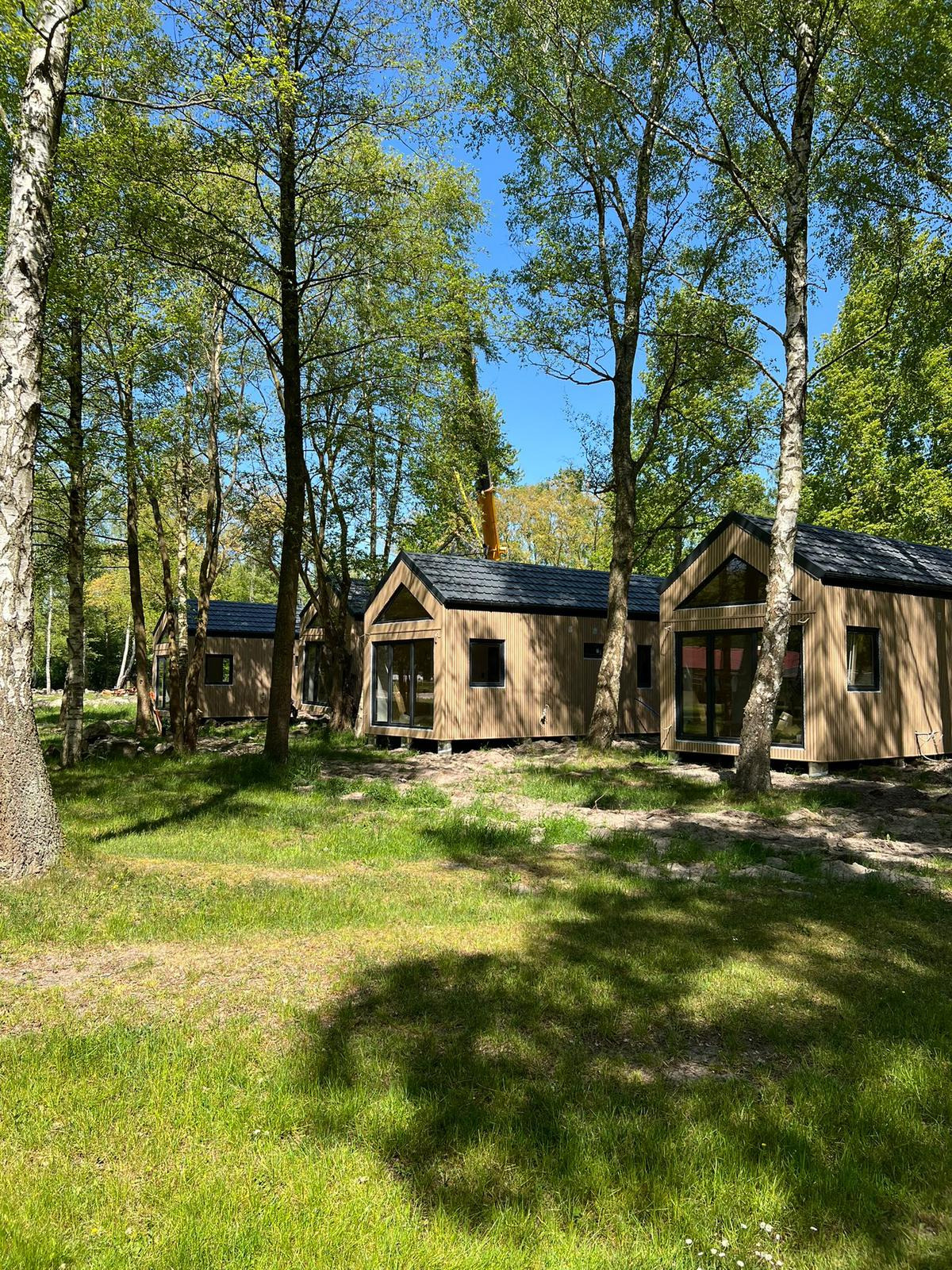 Kompleks budynków usługowych z drewnianą elewacją, otoczony drzewami. Widoczny dźwig na dachu jednego z budynków. Całość w naturalnym, leśnym otoczeniu.