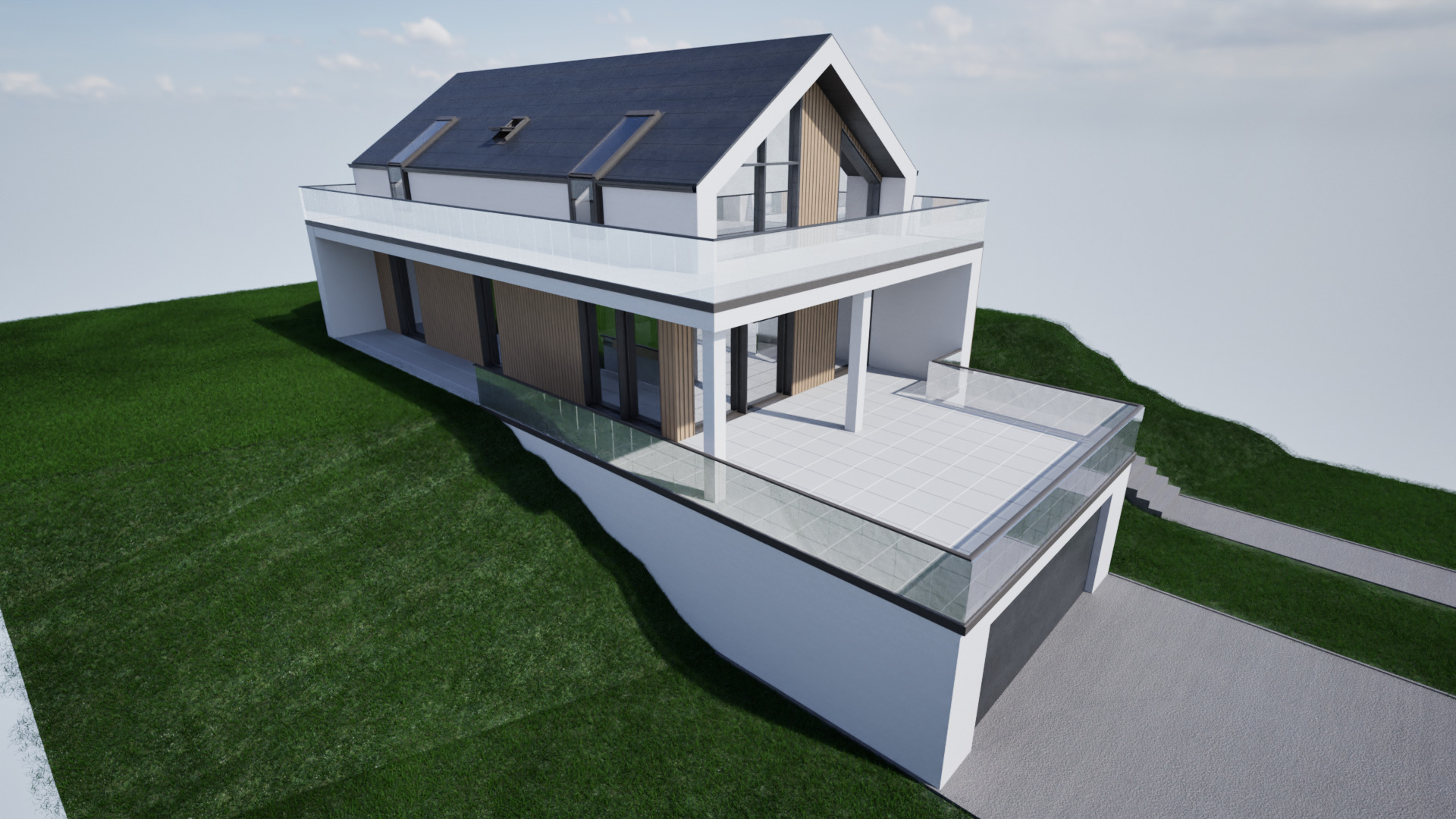Wizualizacja nowoczesnego domu z garażem wbudowanym w zbocze. Dom z balkonem i dużymi oknami, otoczony zielenią. Widok z góry, jasne oświetlenie.