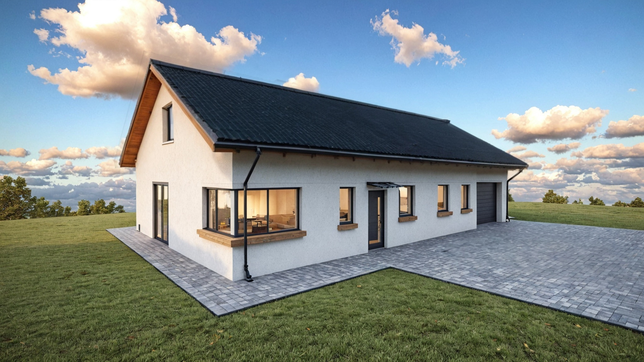 Parterowy dom z dwuspadowym dachem i garażem, elewacja w jasnym kolorze, otoczony zielonym trawnikiem i brukowanym podjazdem, błękitne niebo z chmurami w tle.