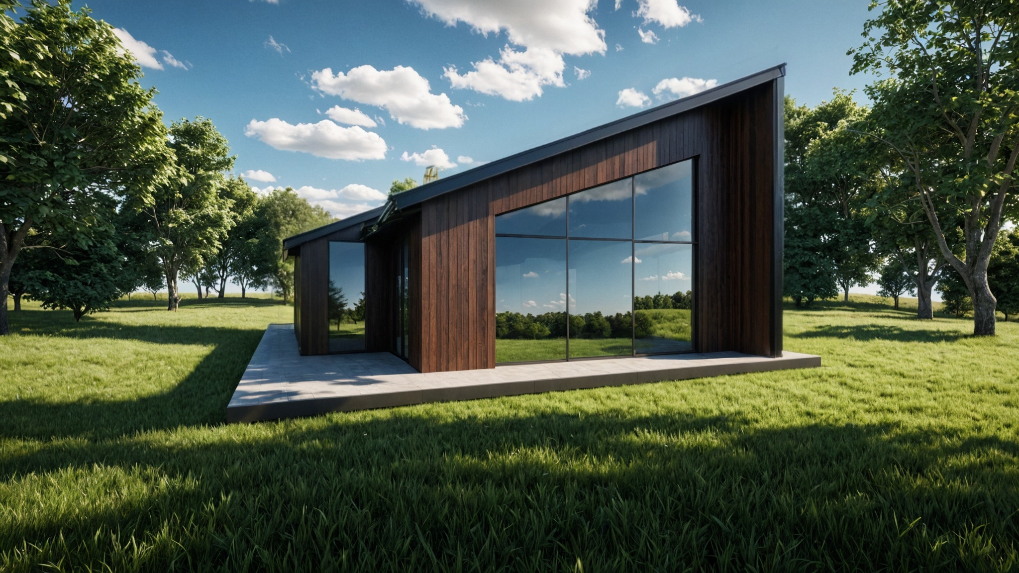 Nowoczesny dom z ciemnego drewna z dużymi oknami, otoczony zielenią. Minimalistyczny design i malownicze otoczenie.
