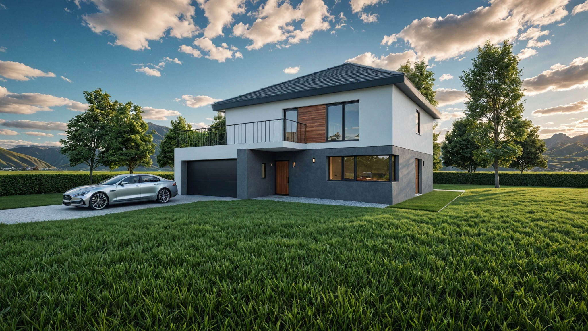 Dwukondygnacyjny dom z balkonem, ciemnoszara bryła z garażem, srebrny samochód na podjeździe, tło: góry i błękitne niebo z chmurami. Nowoczesna architektura.