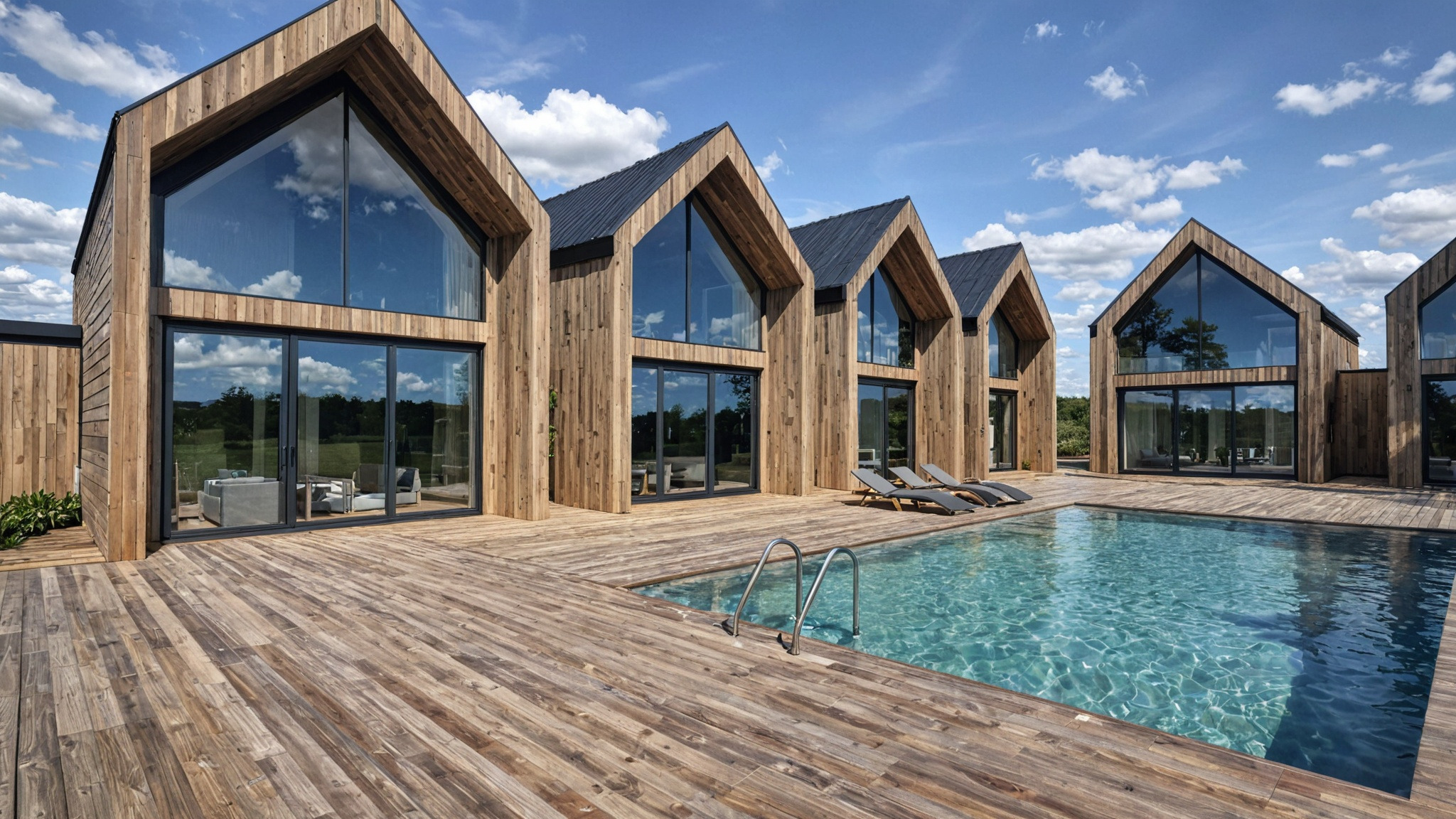 Szereg nowoczesnych domów z drewna z dużymi przeszkleniami i basenem, otoczonych drewnianym tarasem. Widok na błękitne niebo z chmurami.