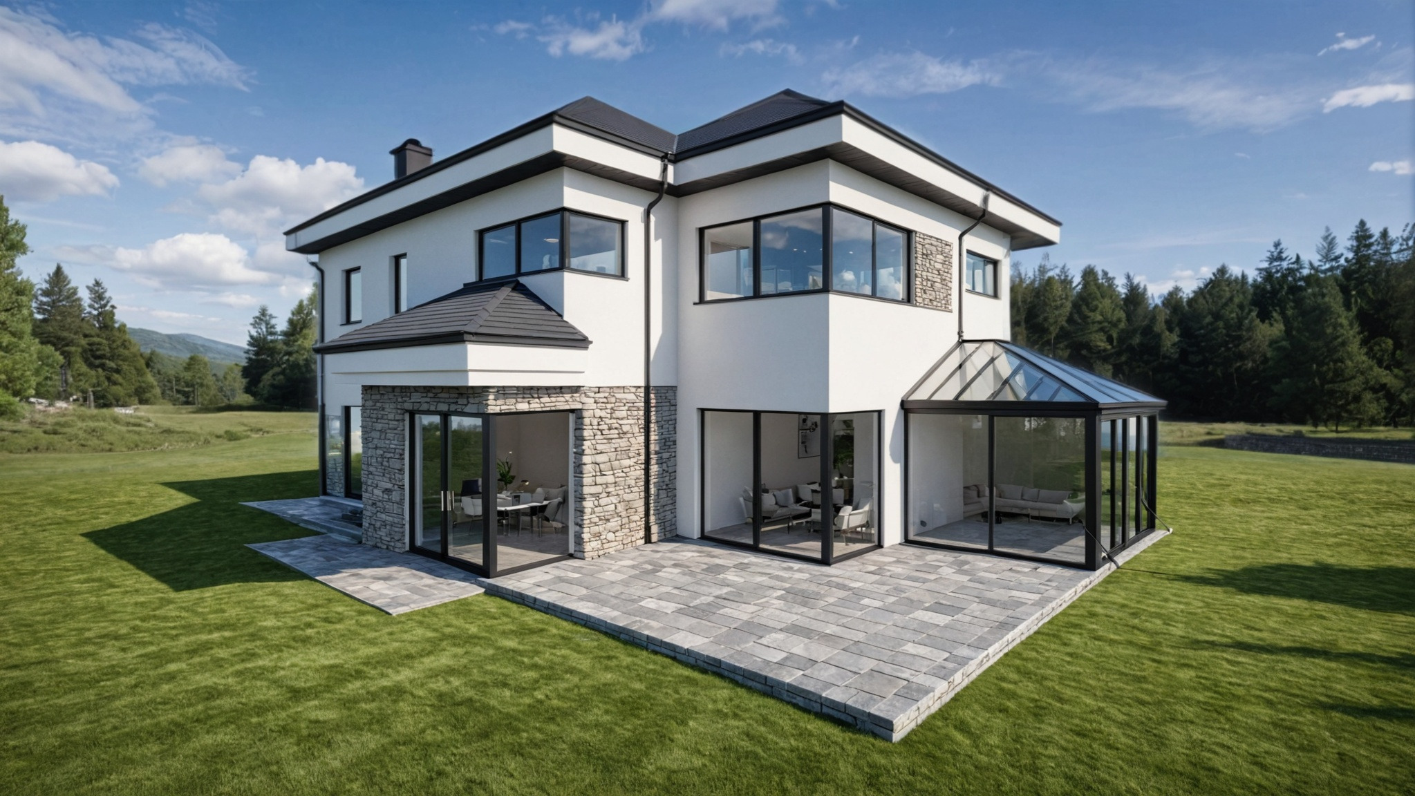 Elegancki, dwukondygnacyjny dom z białymi ścianami, kamiennymi akcentami i przeszkloną oranżerią, otoczony zielonym trawnikiem na tle lasu i błękitnego nieba.