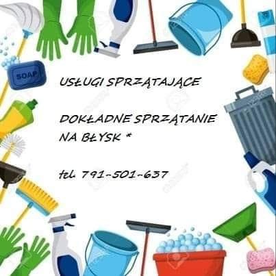 Grafika z różnorodnymi akcesoriami do sprzątania, takimi jak mopy, wiadra, szczotki, gąbki i środki czystości, otaczającymi napis 'Usługi sprzątające. Dokładne sprzątanie na błysk' oraz numer...