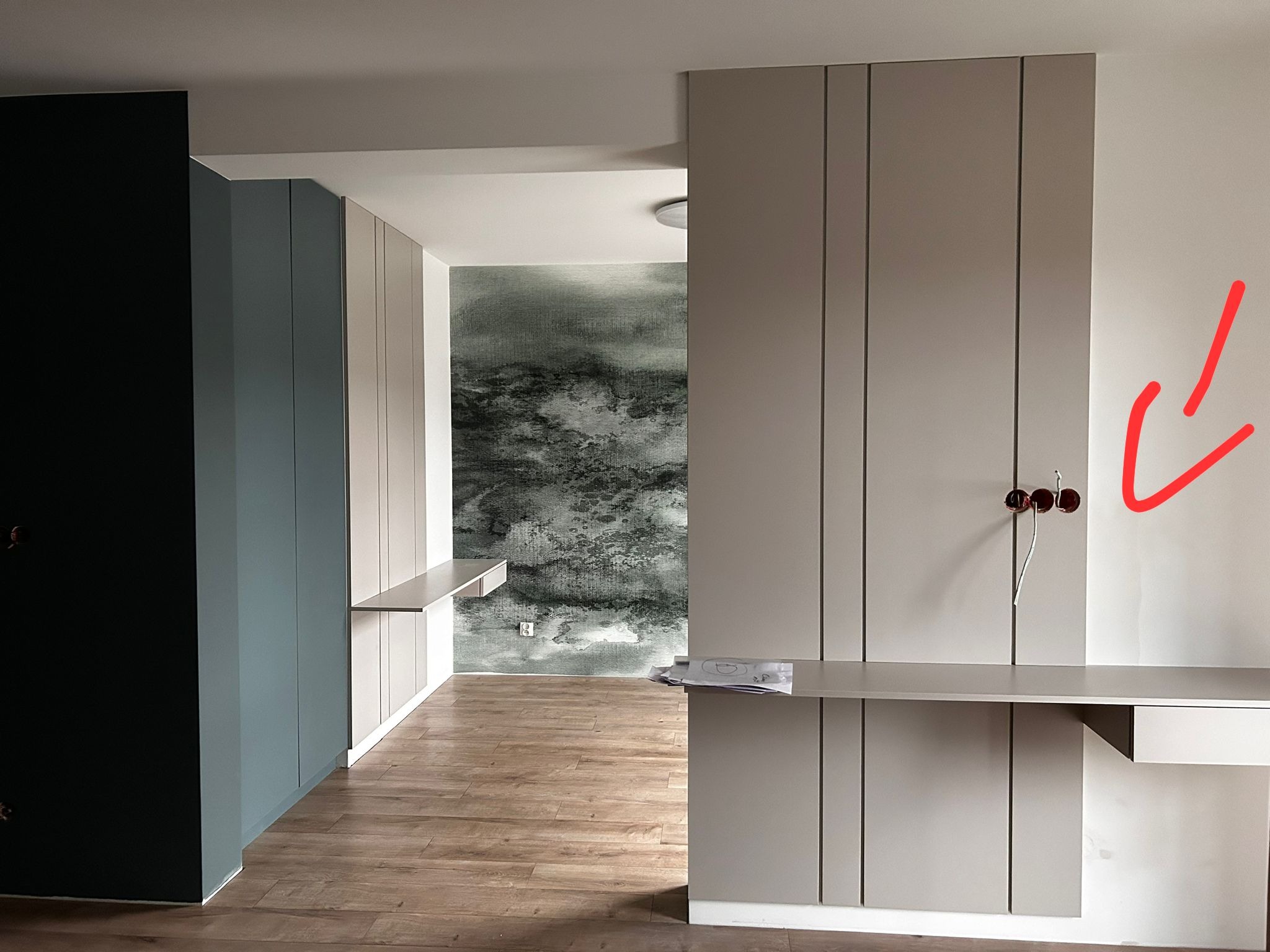 Nowoczesne wykończenie wnętrza: zabudowa meblowa w przedpokoju z drewnianą podłogą i widocznymi gniazdkami elektrycznymi, zarysowanymi na ścianie.