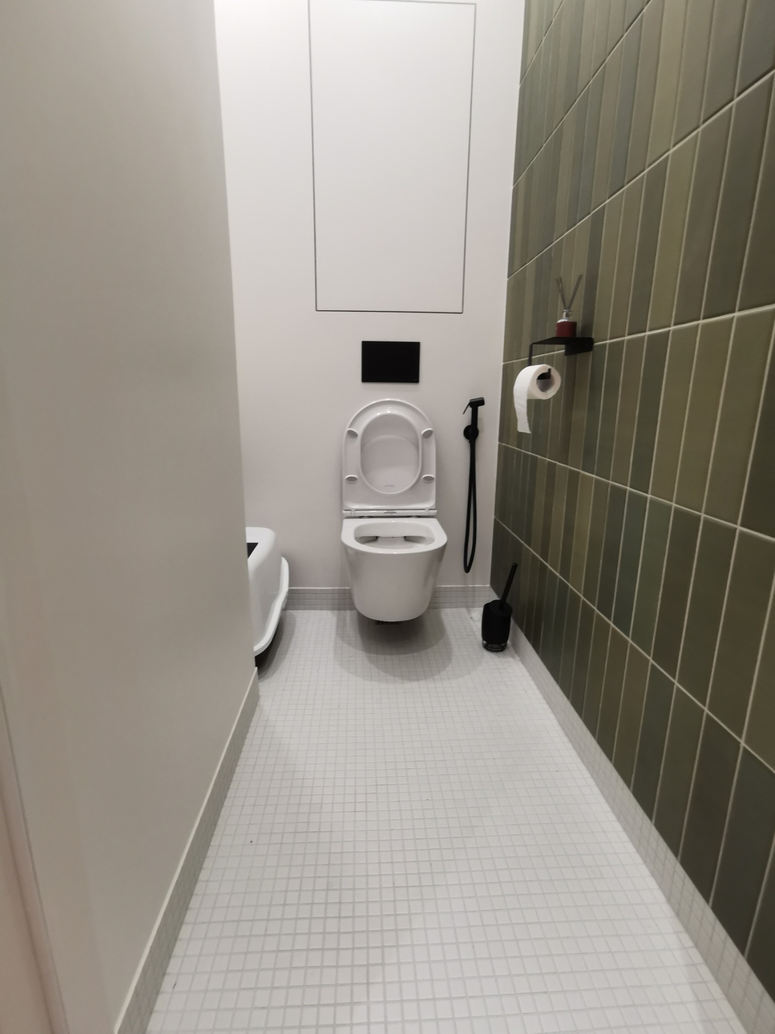 Wnętrze łazienki po remoncie: biała toaleta, bidetka, szare płytki podłogowe i pionowe, oliwkowe płytki ścienne. Minimalistyczny design z akcentami.