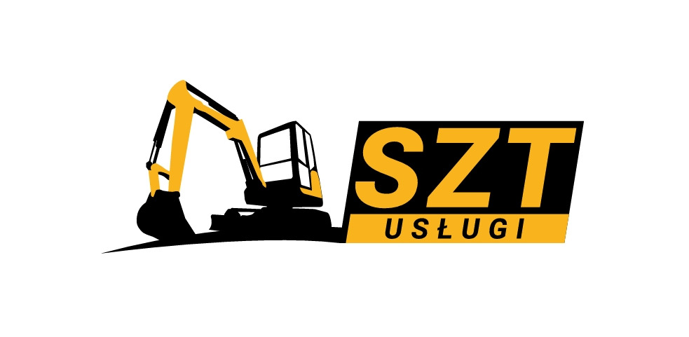 Grafika wektorowa: żółto-czarny logotyp firmy SZT Usługi z sylwetką koparki, umieszczony na białym tle. Minimalistyczny design.