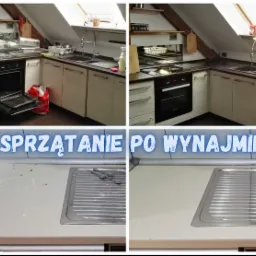 Porównanie stanu kuchni przed i po sprzątaniu po wynajmie: brudny zlew i piekarnik z otwartymi drzwiami kontra czysty zlew i zamknięty piekarnik w kuchni na poddaszu z oknem dachowym.