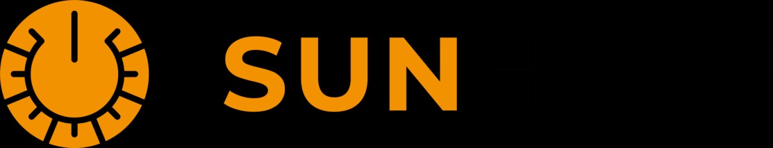 Pomarańczowe logo firmy z symbolem słońca i napisem SUN na czarnym tle.