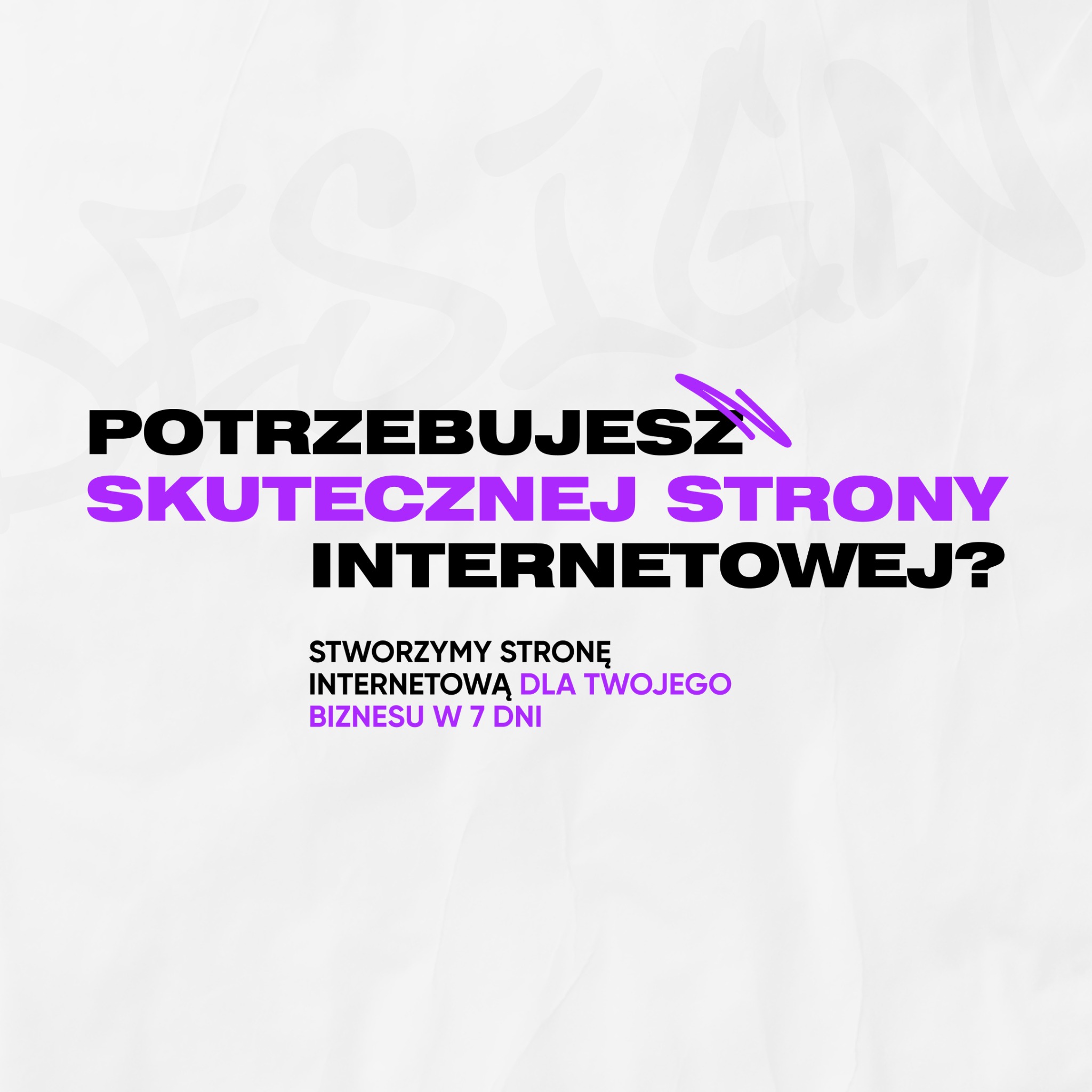 Reklama z fioletowo-czarnym tekstem na białym tle, oferująca stworzenie strony internetowej dla biznesu w 7 dni.