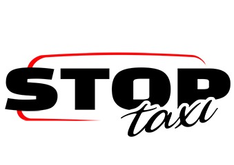 Czarno-białe logo 'STOP taxa' z czerwoną obwódką. Napis 'STOP' dużymi literami, 'taxa' kursywą. Minimalistyczny design.