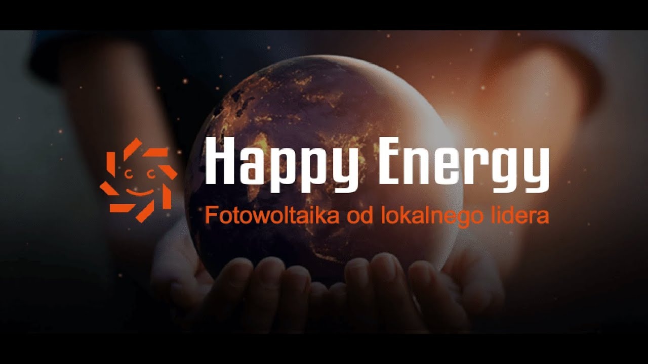 Grafika reklamowa firmy Happy Energy, przedstawiająca logo firmy i hasło 'Fotowoltaika od lokalnego lidera' na tle dłoni trzymających kulę ziemską z efektem świecących miast.