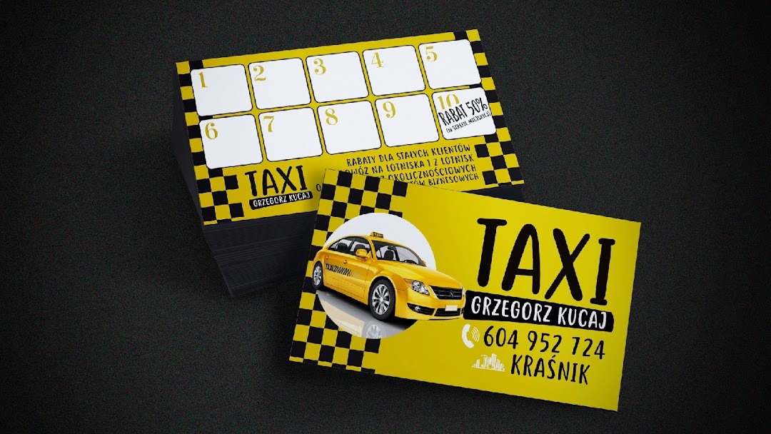 Wizytówki taksówkarskie z żółto-czarną szachownicą, kuponami rabatowymi i zdjęciem żółtej taksówki, nazwiskiem Grzegorz Kucaj i numerem telefonu 604 952 724.