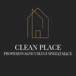 Logo firmy sprzątającej Clean Place z minimalistycznym złotym rysunkiem domu na ciemnoszarym tle i napisem 'Profesjonalne Usługi Sprzątające'.