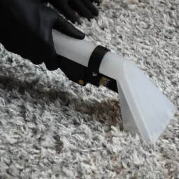 Czyszczenie szarego dywanu z długim włosiem za pomocą profesjonalnego odkurzacza piorącego z przezroczystą dyszą, widoczne dłonie w czarnych rękawicach ochronnych.