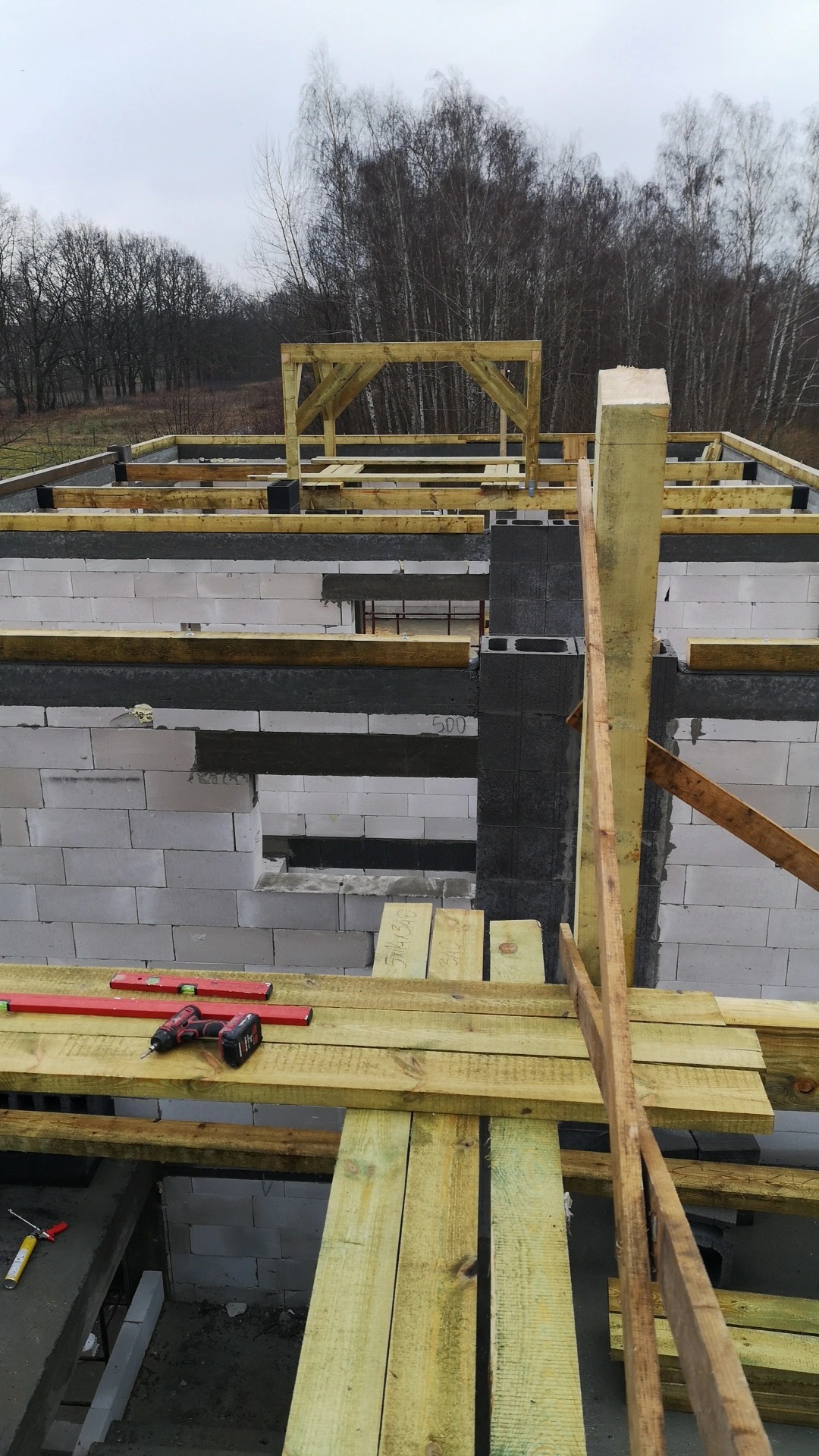 Wznoszenie ścian z bloczków betonowych na budowie domu, widoczne drewniane szalunki i rusztowania, w tle las bezlistny pod pochmurnym niebem.