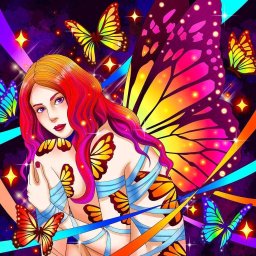 Katarzyna Nike - Ilustracja cyfrowa przedstawiająca kobietę z włosami w odcieniach czerwieni i żółci, z motylimi skrzydłami, otoczoną motylami i błyszczącymi gwiazdami na ciemnym tle.