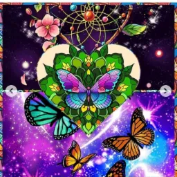 Ilustracja cyfrowa przedstawiająca motyle w jaskrawych kolorach na tle kosmicznym z elementami kwiatowymi i łapaczem snów, emanująca fantazyjnym i artystycznym stylem.