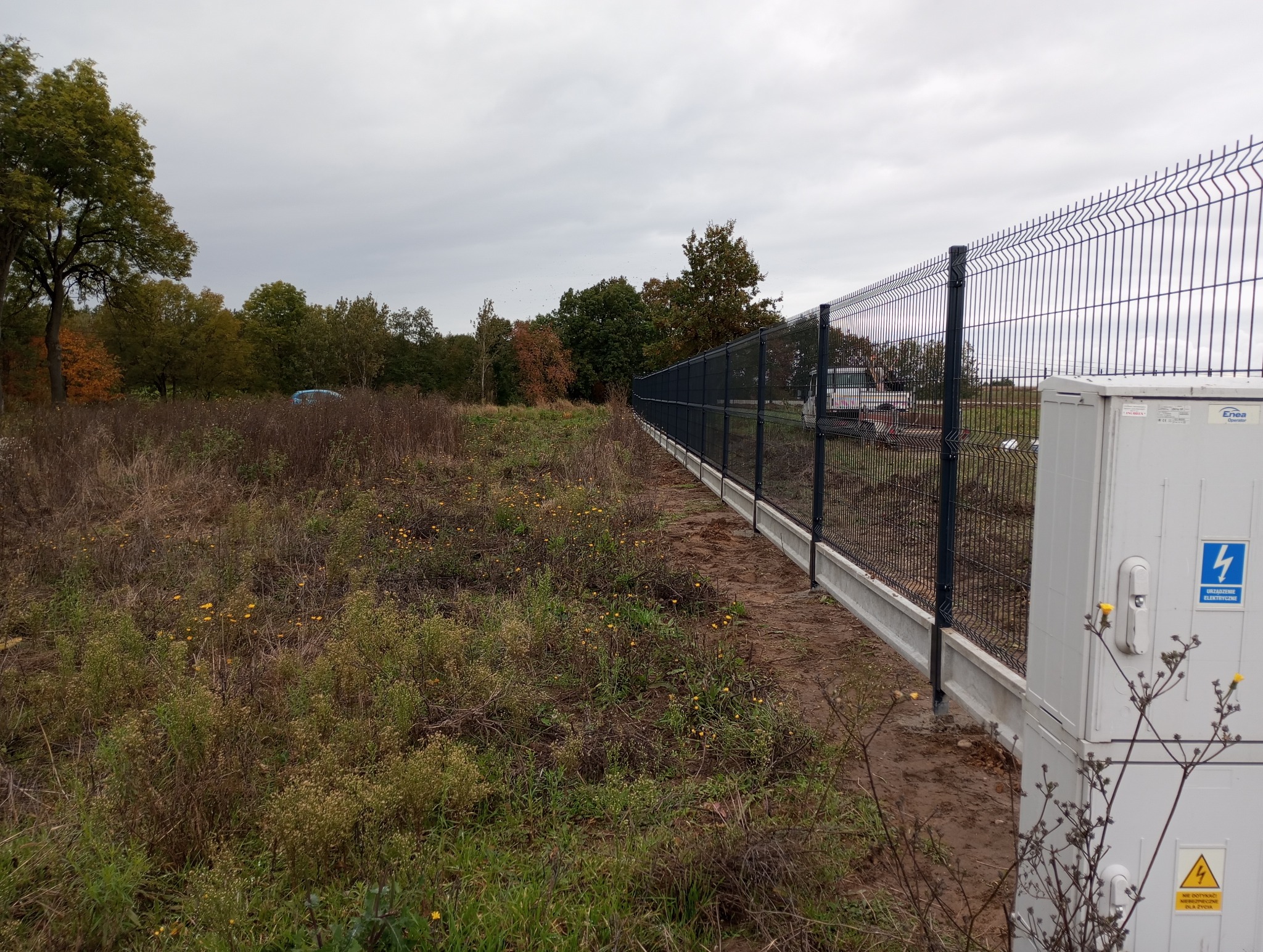 Nowoczesne ogrodzenie panelowe z podmurówką betonową na tle jesiennego krajobrazu. Widoczna szafka elektryczna i teren z żółtymi kwiatami.