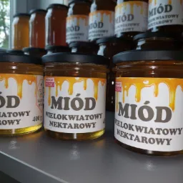 Słoiki z miodem wielokwiatowym nektarowym ustawione w rzędzie, etykiety z napisem 'Produkt Polski', widoczne bąbelki powietrza w miodzie, tło rozmyte z widokiem na okno.