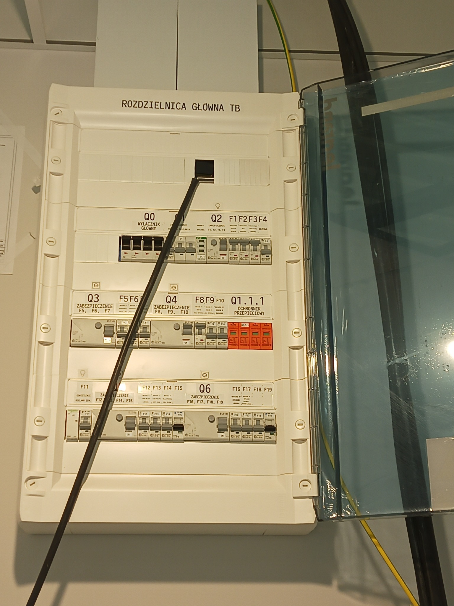 Otwarta biała skrzynka rozdzielcza z bezpiecznikami i oznaczeniami, widoczne kable, widok z bliska.