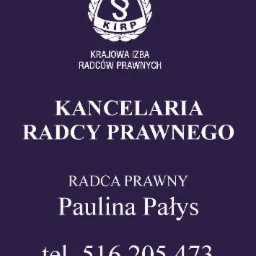 Logo kancelarii prawnej z symbolem KIRP, nazwą Kancelaria Radcy Prawnego, imieniem i nazwiskiem radcy prawnego Pauliny Pałys, numerem telefonu i adresem strony internetowej, wszystko na fioletowym...