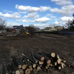 Przygotowanie terenu pod budowę domu: żółta koparko-ładowarka wyrównuje ziemię na działce, w tle widoczne domy jednorodzinne i sterta pociętych pni drzew.