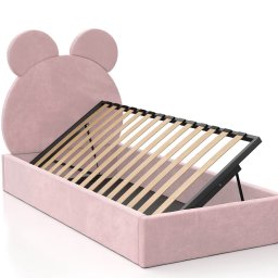 Zakład Usługowy Tapicerstwo Meblowe Jacek Sęków - Różowe łóżko tapicerowane dla dziecka z zagłówkiem w kształcie uszu myszki, podnoszony stelaż z listew drewnianych, widoczny mechanizm podnoszenia.