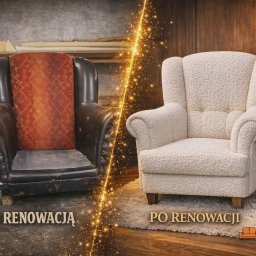 Zakład Usługowy Tapicerstwo Meblowe Jacek Sęków - Fotel typu uszak przed i po renowacji. Po lewej fotel z ciemnej skóry z odsłoniętą tapicerką, po prawej odnowiony fotel obity jasną, puszystą tkaniną.