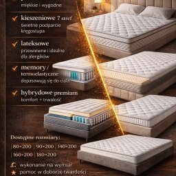 Zakład Usługowy Tapicerstwo Meblowe Jacek Sęków - Ekspozycja materacy o różnych właściwościach: piankowe, kieszeniowe, lateksowe, memory i hybrydowe premium. Dostępne rozmiary i wykonanie na wymiar. Komfort snu.