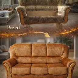 Zakład Usługowy Tapicerstwo Meblowe Jacek Sęków - Sofa przed i po renowacji tapicerki. Ujęcie typu 'przed i po' z wyraźną różnicą w kolorze i stanie obicia. Widoczne detale wykończenia i logo firmy.