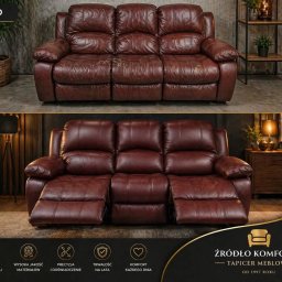 Zakład Usługowy Tapicerstwo Meblowe Jacek Sęków - Sofa skórzana przed i po renowacji tapicerskiej. Widoczne uszkodzenia przed naprawą i odnowiony wygląd po zabiegu. Brązowa skóra, komfortowy design.
