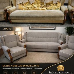 Zakład Usługowy Tapicerstwo Meblowe Jacek Sęków - Sofa i fotele przed i po renowacji tapicerki. Zniszczona sofa z widoczną gąbką, a poniżej odnowiony komplet wypoczynkowy w szarym obiciu z drewnianymi elementami.