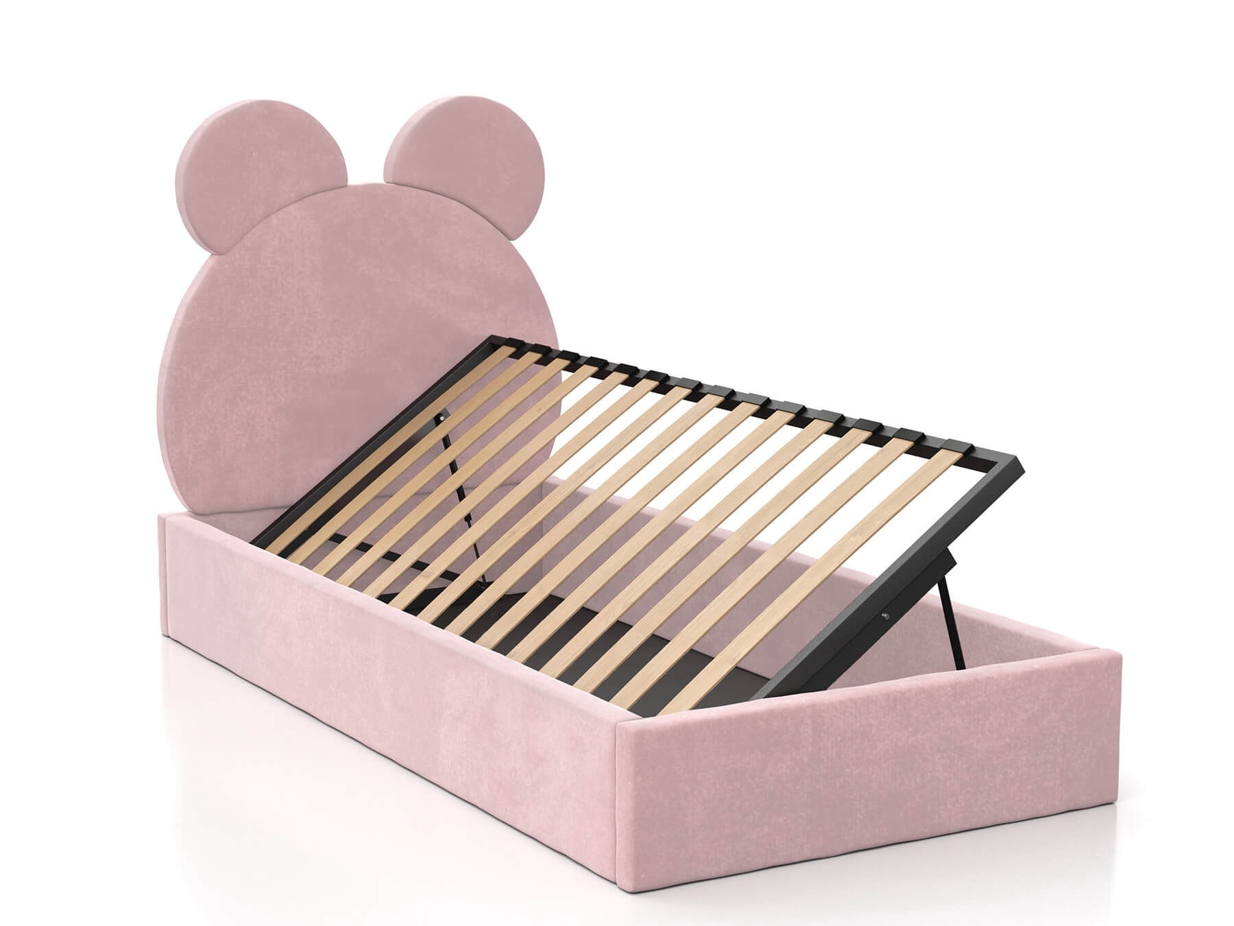 Różowe łóżko tapicerowane dla dziecka z zagłówkiem w kształcie uszu myszki, podnoszony stelaż z listew drewnianych, widoczny mechanizm podnoszenia.
