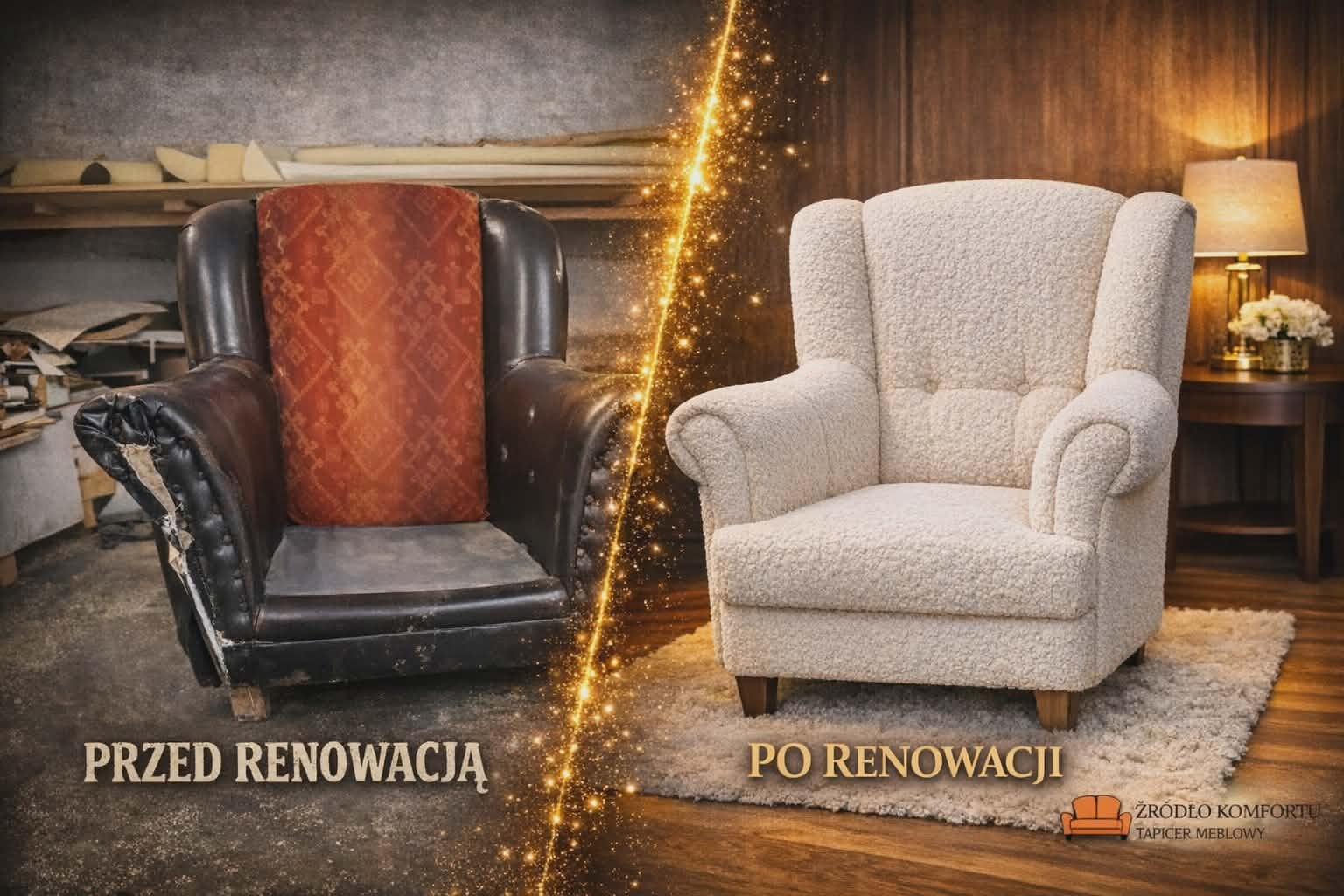 Fotel typu uszak przed i po renowacji. Po lewej fotel z ciemnej skóry z odsłoniętą tapicerką, po prawej odnowiony fotel obity jasną, puszystą tkaniną.