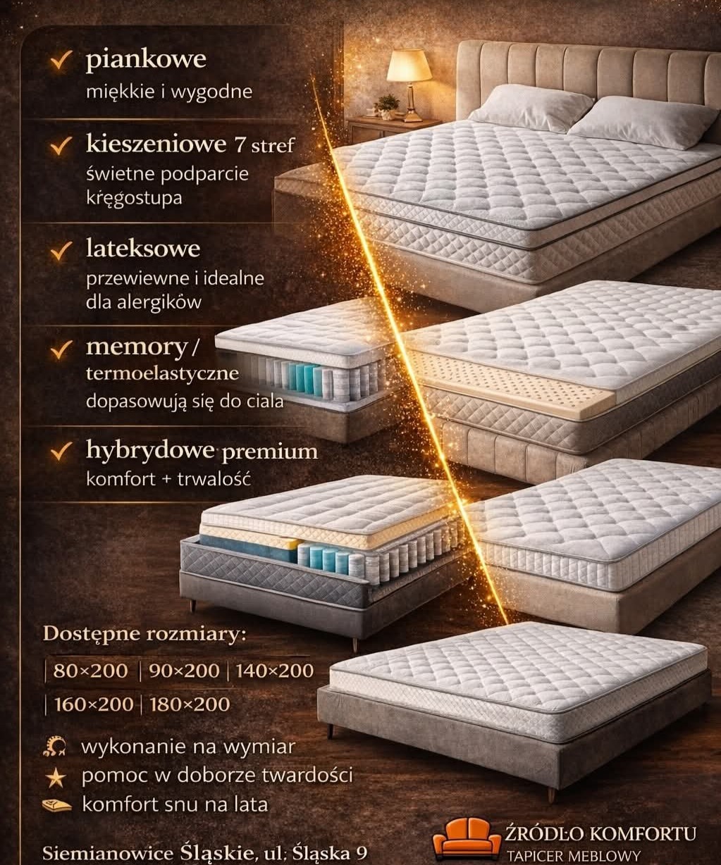 Ekspozycja materacy o różnych właściwościach: piankowe, kieszeniowe, lateksowe, memory i hybrydowe premium. Dostępne rozmiary i wykonanie na wymiar. Komfort snu.