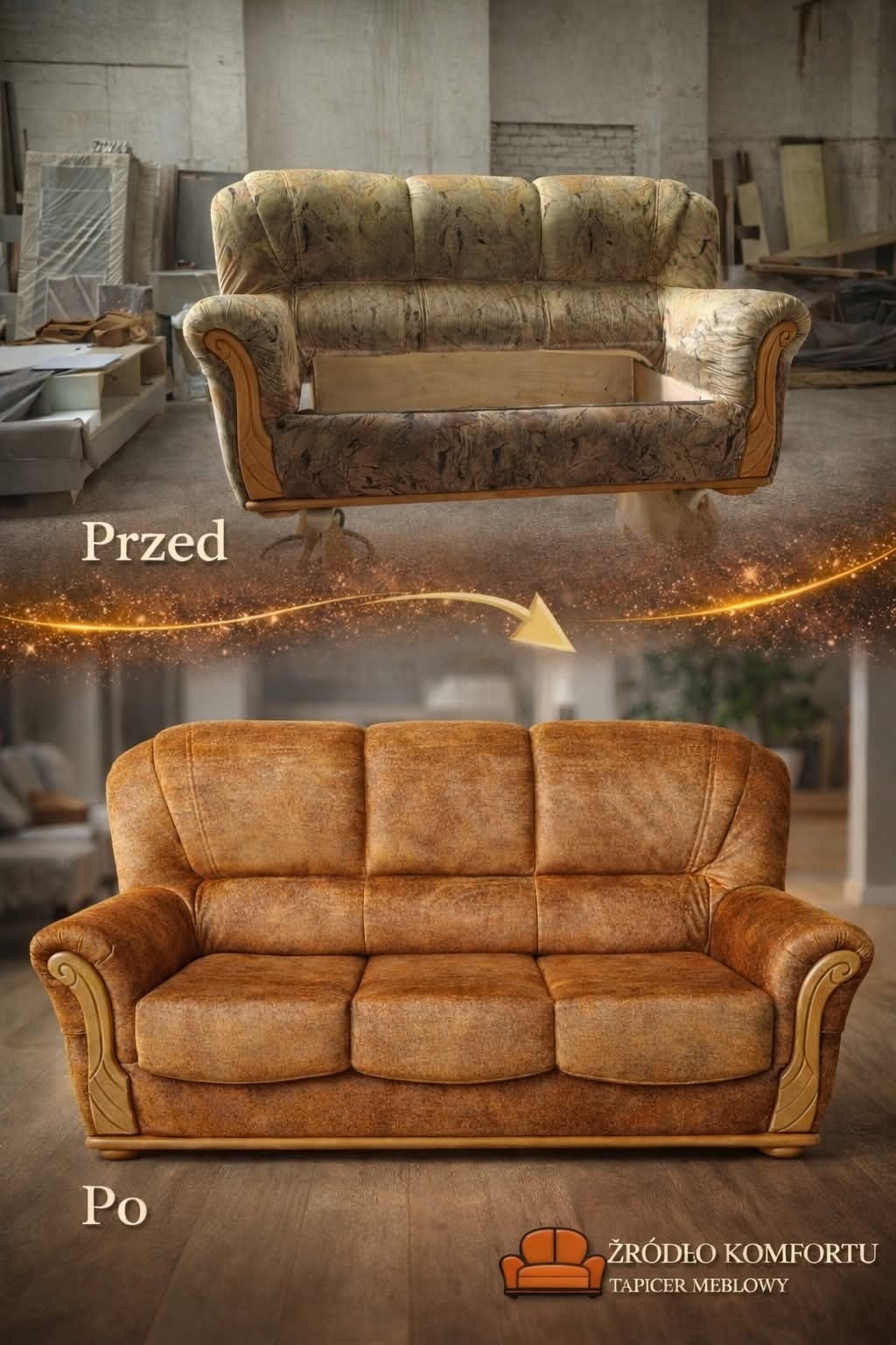Sofa przed i po renowacji tapicerki. Ujęcie typu 'przed i po' z wyraźną różnicą w kolorze i stanie obicia. Widoczne detale wykończenia i logo firmy.