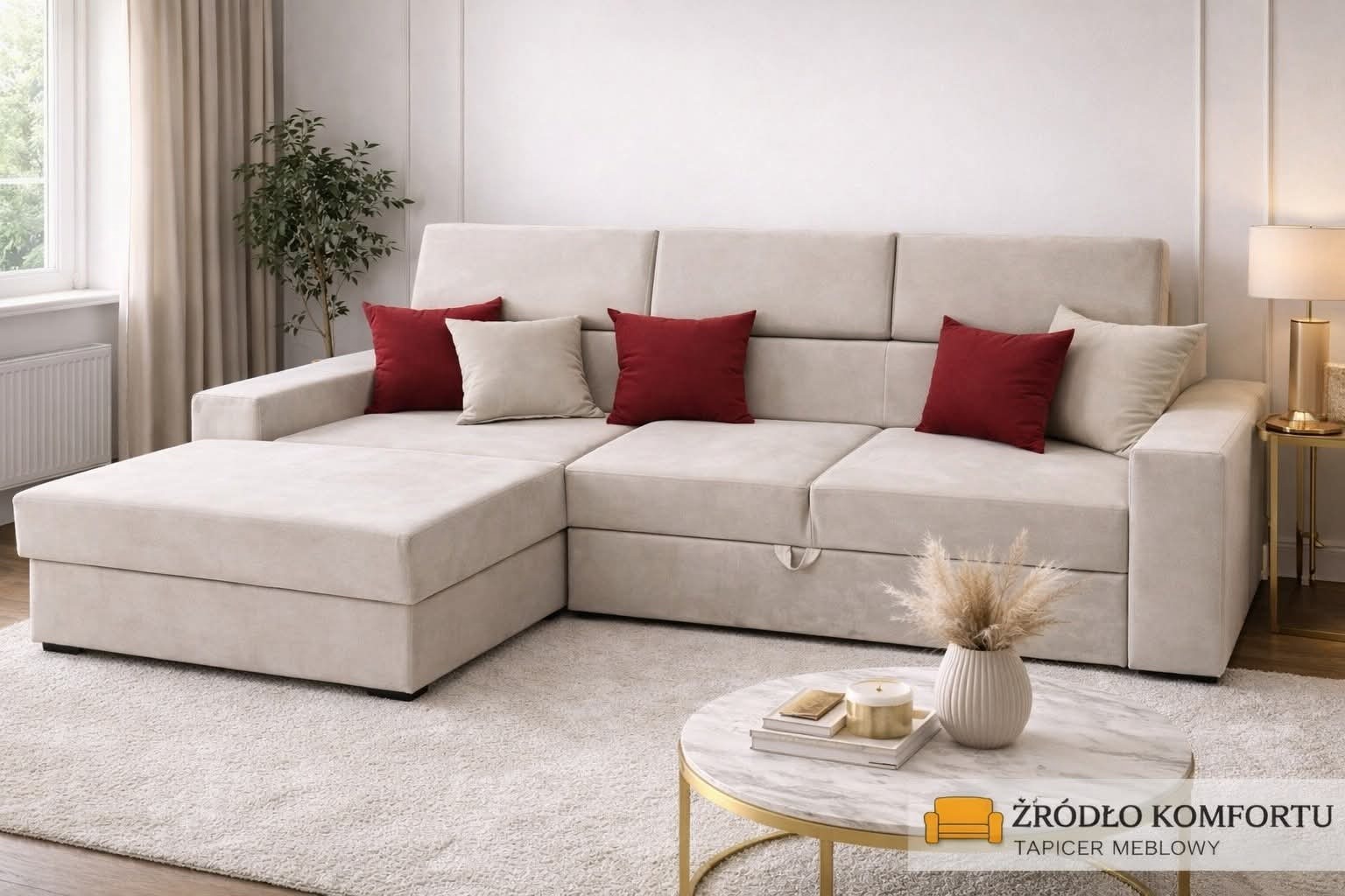 Beżowy narożnik z funkcją spania, z bordowymi i kremowymi poduszkami, na tle jasnego wnętrza. Na pierwszym planie stolik z dekoracjami.