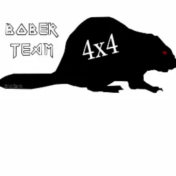 Czarno-biała grafika przedstawia sylwetkę bobra z napisem '4x4' na ciele, a obok napis 'Bober Team' wykonany ozdobną czcionką.