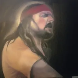 Portret olejny mężczyzny z długimi włosami i czerwoną opaską na głowie, namalowany w ciemnych tonacjach z delikatnym oświetleniem wokół głowy.