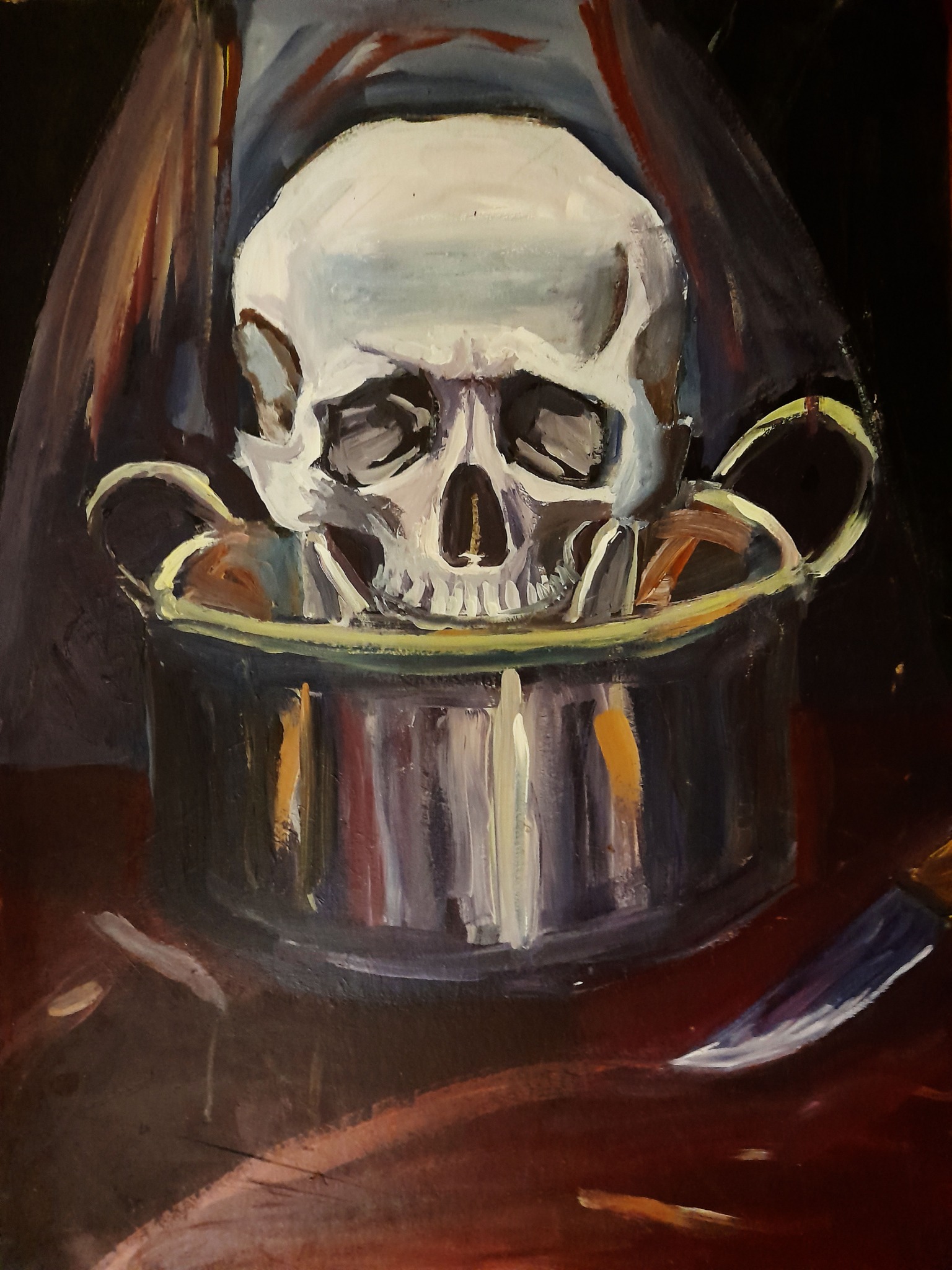 Olejny obraz przedstawiający czaszkę w garnku z wystającym nożem, w mrocznym, teatralnym oświetleniu.