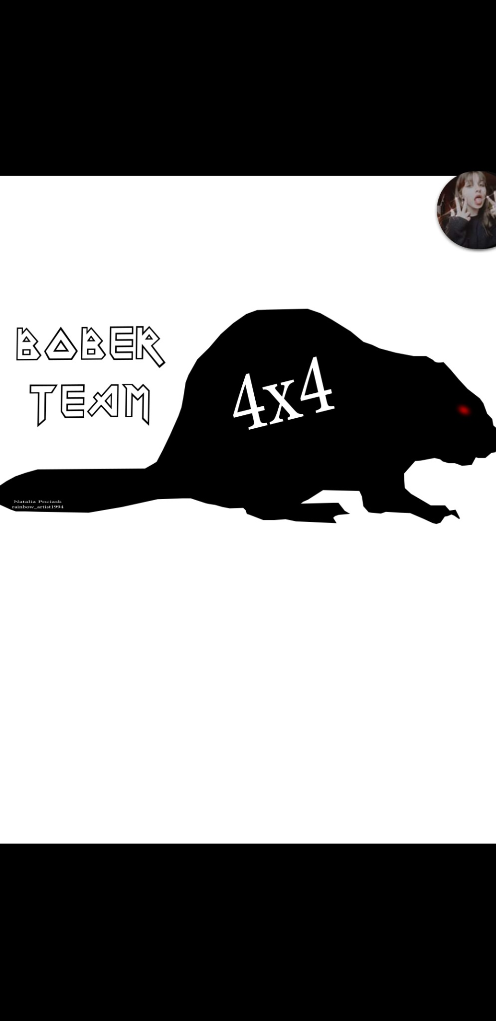 Czarno-biała grafika przedstawia sylwetkę bobra z napisem '4x4' na ciele, a obok napis 'Bober Team' wykonany ozdobną czcionką.