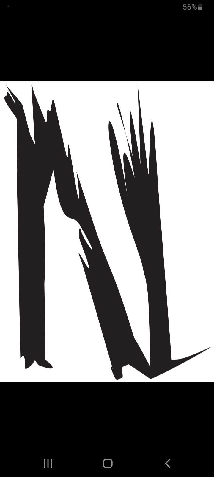 Czarno-biała grafika przedstawiająca stylizowaną literę 'N' z nieregularnymi, ostrymi krawędziami, przypominającymi pociągnięcia pędzlem lub fragmenty szkła.