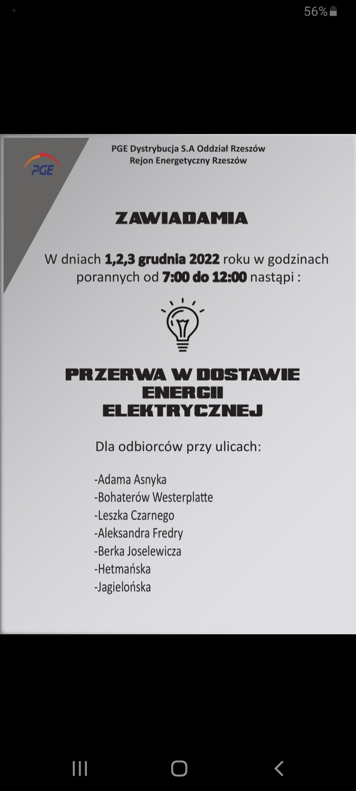 Ogłoszenie PGE Dystrybucja S.A. Oddział Rzeszów o planowanej przerwie w dostawie energii elektrycznej w dniach 1-3 grudnia 2022 w godzinach porannych dla odbiorców przy wymienionych ulicach.